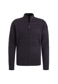 Mornarska zip-up jakna s teksturiranim prugama, visokim ovratnikom i rebrastim manžetama. Ima vidljivi zlatni zatvarač i oznaku sa logotipom unutar ovratnika.