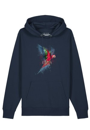 Marineblauer Hoodie mit Kängurutasche vorne und farbenfrohem fliegenden Papageien-Motiv in Rot, Grün und Blau auf der Brust.