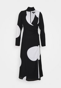 Schwarzes Kleid mit langen Ärmeln, einem hohen Ausschnitt und Wickel-Style. Verfügt über große weiße kreisförmige Muster und einen Reißverschluss hinten.