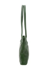 Borsa tote in pelle verde con una texture liscia, forma allungata e due manici lunghi. Presenta dettagli cuciti sui bordi.