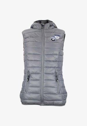 Gilet sans manches à capuche en tissu matelassé gris, avec fermeture éclair à l'avant, deux poches zippées et des patches sur le thème de la montagne sur la poitrine.