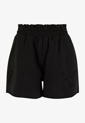 Sorte shorts med en samlet elastisk liv, som har et brodert sommerfugldesign i matchende sort tråd på sidene.