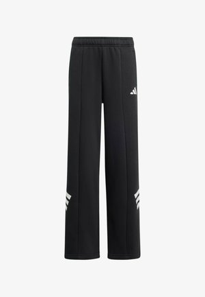 Pantalones deportivos Adidas negros con cintura elástica, piernas rectas y detalles de logo y rayas blancas en los muslos y las pantorrillas.