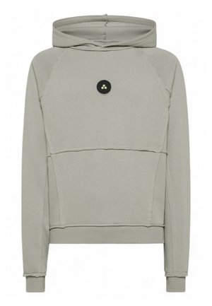 Lichtgrijze hoodie gemaakt van zachte stof. Voorzien van een kangoeroezak, een contrasterend zwart rond logo en geribde boorden en zoom.