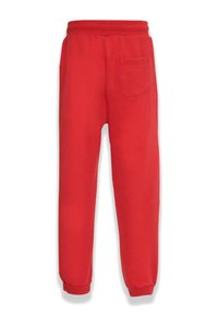 Røde sweatpants lavet af blødt stof, med elastisk talje, tapered ben og en enkelt baglomme. Glat tekstur med minimale detaljer.