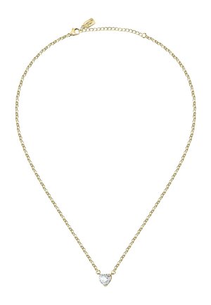 Delicate gold chain necklace with a small heart-shaped clear gemstone pendant and a tag near the clasp engraved with "LAFETTE STORY."