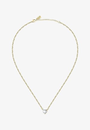 Delicate gold chain necklace with a small heart-shaped clear gemstone pendant and a tag near the clasp engraved with "LAFETTE STORY."