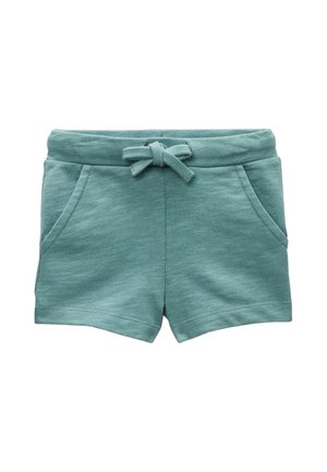 Shorts doux verts pour tout-petits avec taille élastique et poches avant, dotés d’un cordon noué pour un ajustement réglable.