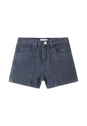 Donkergrijze denim shorts met steekzakken aan de voorkant, voorzien van bloemenborduursels met rozetten en een knoopsluiting in de taille.