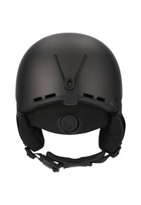 Black matte helmet with adjustable chin strap, ventilation holes, and a circular adjustment dial at the back. Textured interior padding.