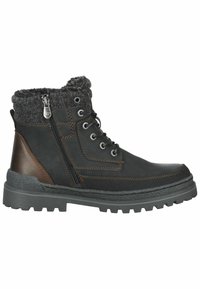 Bottines en cuir noir avec doublure en fausse fourrure grise, fermeture éclair sur le côté, accents marron, semelle en caoutchouc texturé et détails de couture renforcée.