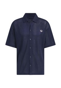 Marinblå kortärmad skjorta gjord av meshmaterial, med knäppning fram och en liten broderad logotyp på vänster bröst.