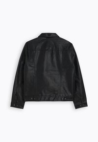 Veste en cuir noir avec une texture lisse, présentant un col classique, deux poches à boutons à la taille et un ourlet droit.