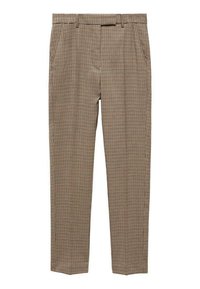 Koffiekleurige geblokte broek van een gestructureerde stof, met rechttoe-rechtaan pijpen en voorvouwen. Bevat zijzakken en een klassieke tailleband.