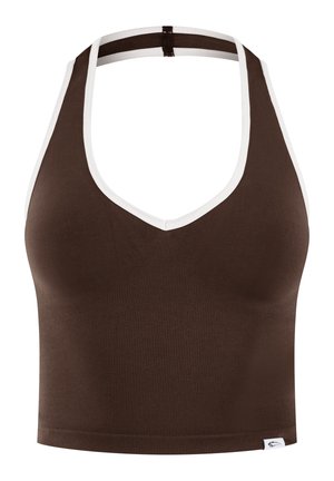Braunes Halter-Crop-Top mit weißem Besatz, nahtlosem Design und einem kleinen Stoffetikett am unteren Saum.