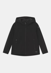 Svart huva jacka i slätt, lätt material med zip-stängning, två sidofickor med dragkedja och elastiska manschetter. Har logotyp på ärmen.