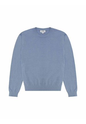 Jasnoniebieski sweter wykonany z miękkiego materiału, z okrągłym dekoltem i długimi rękawami, wykończony ściągaczami przy rękawach i dolnym brzegu, co zapewnia dopasowany wygląd.