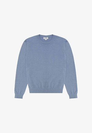 Jasnoniebieski sweter wykonany z miękkiego materiału, z okrągłym dekoltem i długimi rękawami, wykończony ściągaczami przy rękawach i dolnym brzegu, co zapewnia dopasowany wygląd.