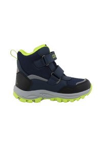 Marineblaue synthetische High-Top-Schuhe mit limonengrünen Akzenten, zwei Klettverschlussriemen, grauer Sohle und strukturiertem Obermaterial für besseren Grip.