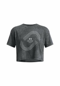 Korte mouwen T-shirt in donkergrijs, cropped stijl. Heeft een wit grafisch ontwerp met golvende lijnen. Zacht materiaal met een relaxte pasvorm.