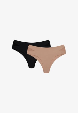 Two pairs of women's panties: one black and one nude, made from soft, stretchy fabric with a smooth texture and curved waistline design.