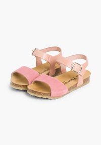 Pink suede sandals with two wide straps and a buckle, featuring a contoured cork footbed and a textured rubber outsole for traction.
