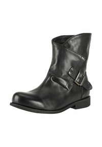 Black leather ankle boot with a rounded toe, buckle detail on the side, and a low stacked heel. Smooth texture with a sleek design.