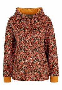 Sudadera con capucha de patrón zigzagueante en rojo, naranja y negro. Presenta un interior naranja y puños acanalados. Textura de tela suave.