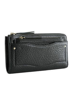 Black textured leather wallet with multiple zippered compartments and an outer pocket secured by two metal rivets.