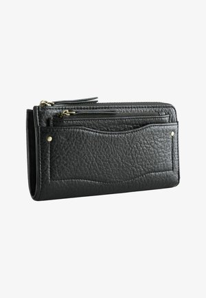 Black textured leather wallet with multiple zippered compartments and an outer pocket secured by two metal rivets.