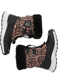 Bottes de neige noires avec imprimé léopard, avec une bordure en fausse fourrure, en matériau imperméable, fermeture lacée et semelles en caoutchouc robustes.