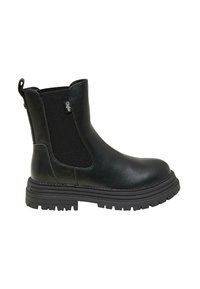 Zwarte leren enkelboot met elastische zijkanten, een gestructureerde rubberen zool en een achterste lipje voor gemakkelijk aantrekken.
