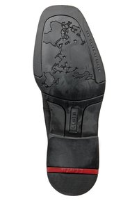 Sole in gomma nera con una mappa in rilievo dell'Europa, con una superficie liscia e una striscia rossa lungo il bordo.