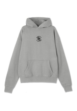 Gray hoodie with a front pocket, drawstring hood, and a circular black logo depicting "Everyday Ambition" on the chest. Soft, textured fabric.