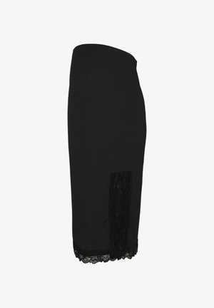 Črna svinčnik krila iz raztegljive tkanine z prozornim čipkastim panelom na eni strani in čipkastim robom na robu.