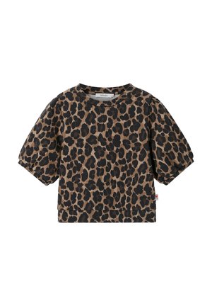 Chemise à manches courtes à imprimé léopard marron et noir avec des manches bouffantes et un col rond.