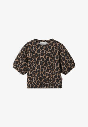 Braun-schwarzes Leopardenmuster-Kurzarmhemd mit Puffärmeln und rundem Ausschnitt.