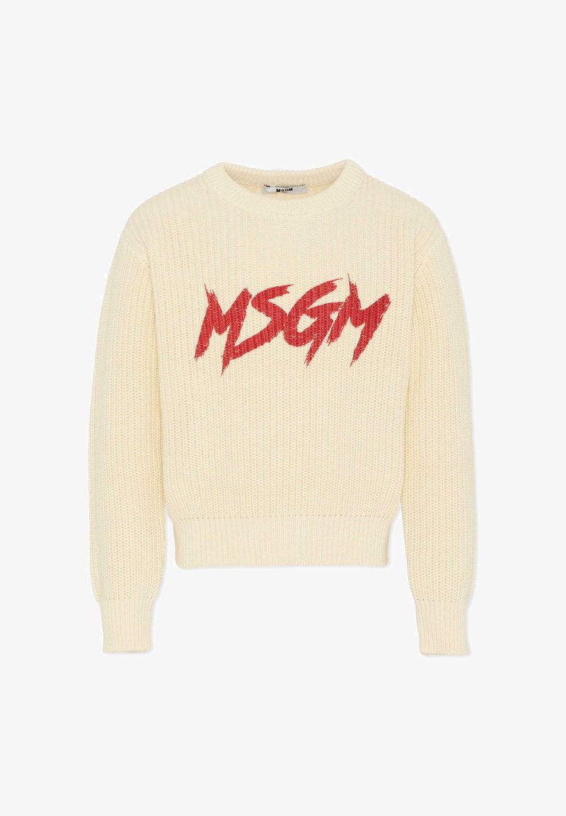 Cremefarvet strikket sweater med lange ærmer og ribbet kant. Har et iøjnefaldende rødt "MSGM" logo i en slidt stil tværs over forsiden.