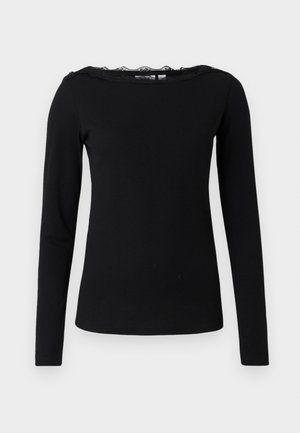 Haut noir à manches longues en tissu côtelé. Présente un col en dentelle festonnée. Silhouette simple et ajustée avec un ourlet droit.