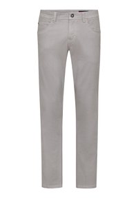 Gray denim trousers with a straight fit, five pockets, belt loops, and a button closure. Features a textured fabric and minimal stitching details.
