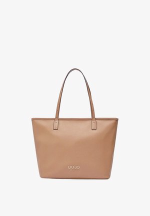 Borsa tote in pelle color cuoio con due manici e logo LIU·JO MILANO in oro al centro davanti.