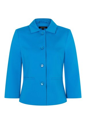 Niebieska damska marynarka z rękawami do łokcia, czterema guzikami z przodu, dwoma kieszeniami z rozcięciami i spiczastym kołnierzem, rozmiar 36.