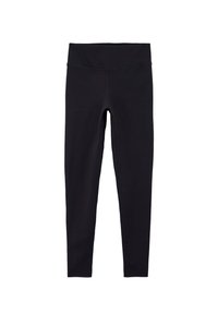 Sorte leggings lavet af strækbart, glat stof, med en bred talje og en tætsiddende pasform, velegnet til forskellige aktiviteter.