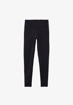Sorte leggings lavet af strækbart, glat stof, med en bred talje og en tætsiddende pasform, velegnet til forskellige aktiviteter.