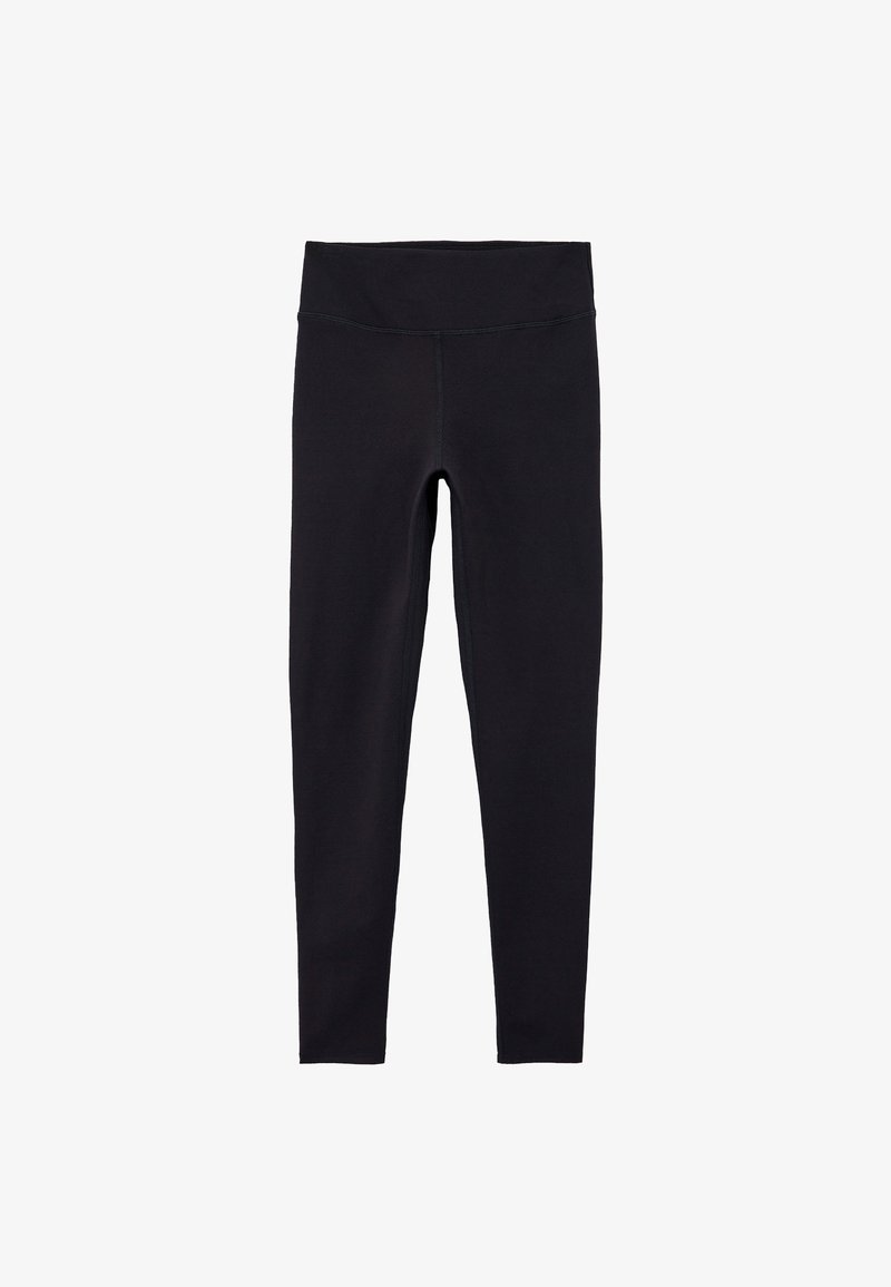 Sorte leggings lavet af strækbart, glat stof, med en bred talje og en tætsiddende pasform, velegnet til forskellige aktiviteter.