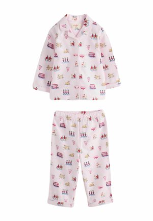 Ensemble de pyjama pour enfants rose composé d'un haut à boutons et d'un pantalon à taille élastique, décoré de motifs sur le thème de Londres avec des gardes, des bus, des chiens et des ventilateurs.