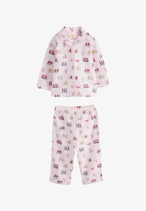 Różowy dziecięcy komplet piżamowy z bluzką na guziki i spodniami na elastycznej gumce z nadrukami o tematyce londyńskiej, przedstawiającymi strażników, autobusy, psy i wachlarze.