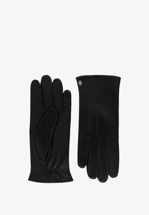 Black leather gloves with a smooth texture, fitted design, and subtle stitching details. One glove features an inner lining for warmth.