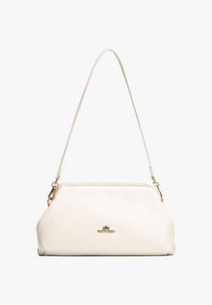 White leather shoulder bag with gold-tone hardware and logo, featuring a structured silhouette and single strap.