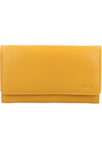 Cartera de cuero amarilla con una textura suave, diseño de solapa y logo de la marca en relieve. Forma compacta y rectangular.